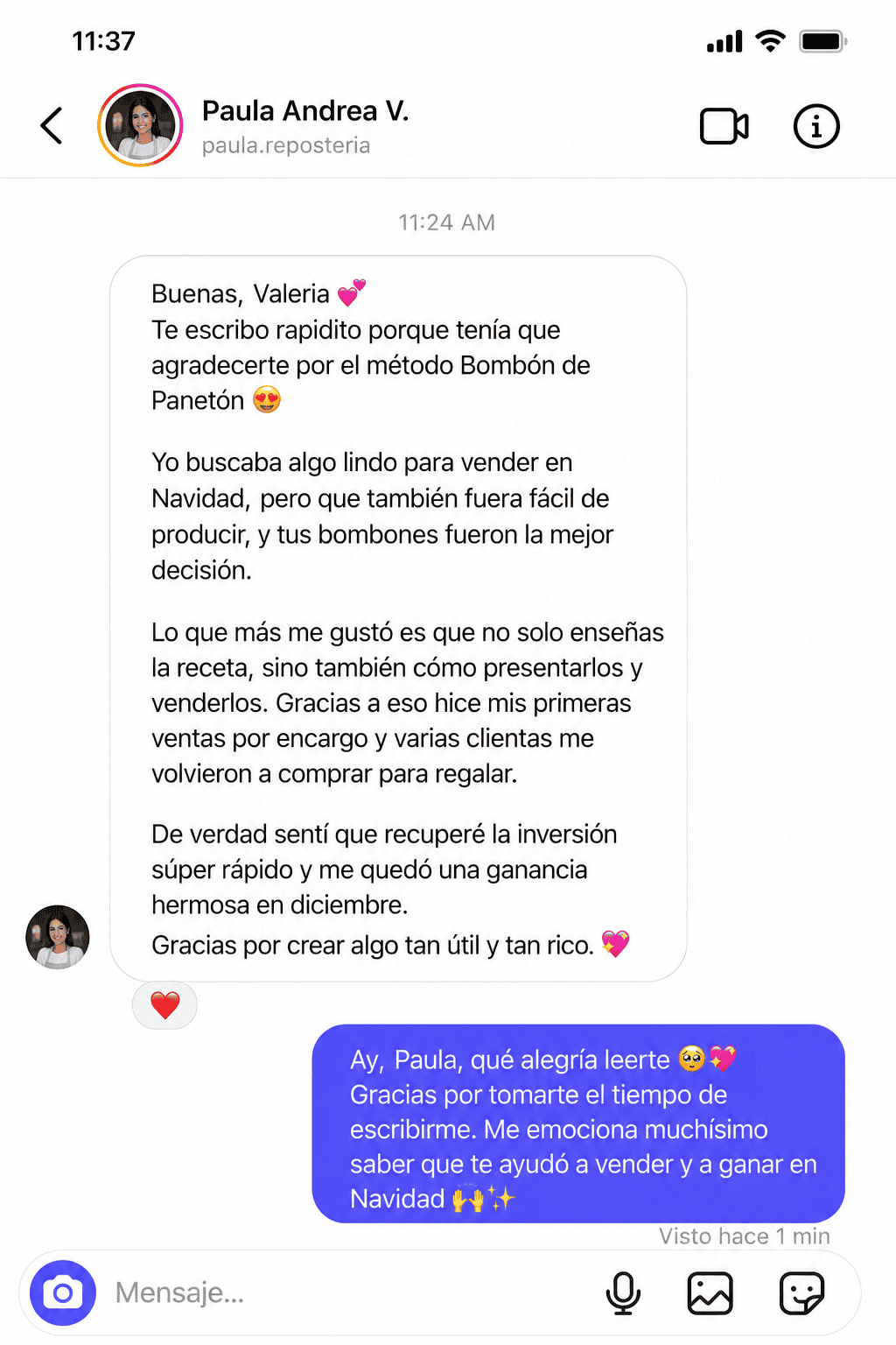 Mensaje de Paula Andrea V. sobre sus primeras ventas por encargo
