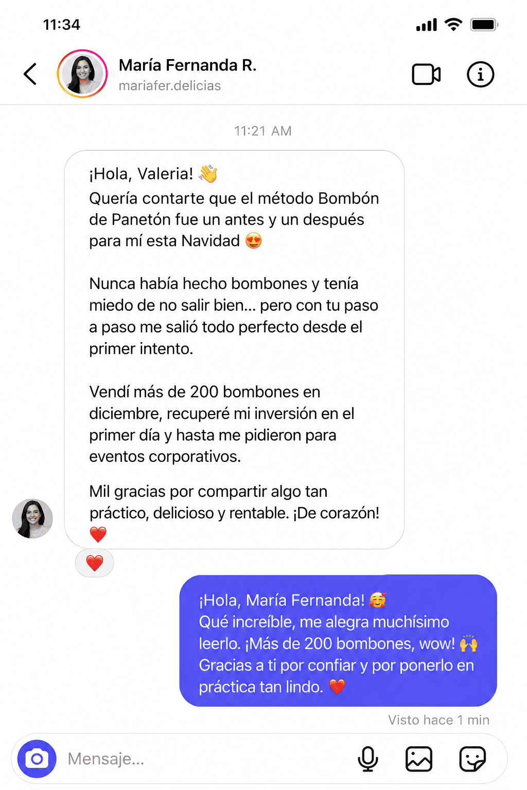 Mensaje de María Fernanda R. contando que vendió más de 200 bombones