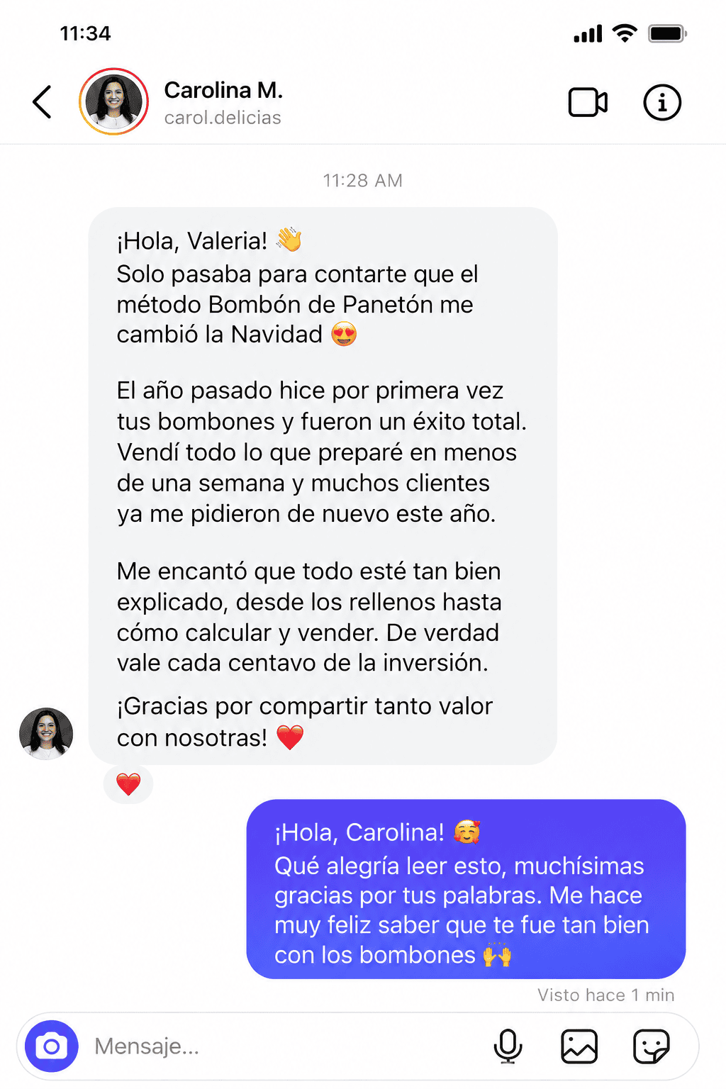Mensaje de Carolina M. agradeciendo por el método Bombón de Panetón