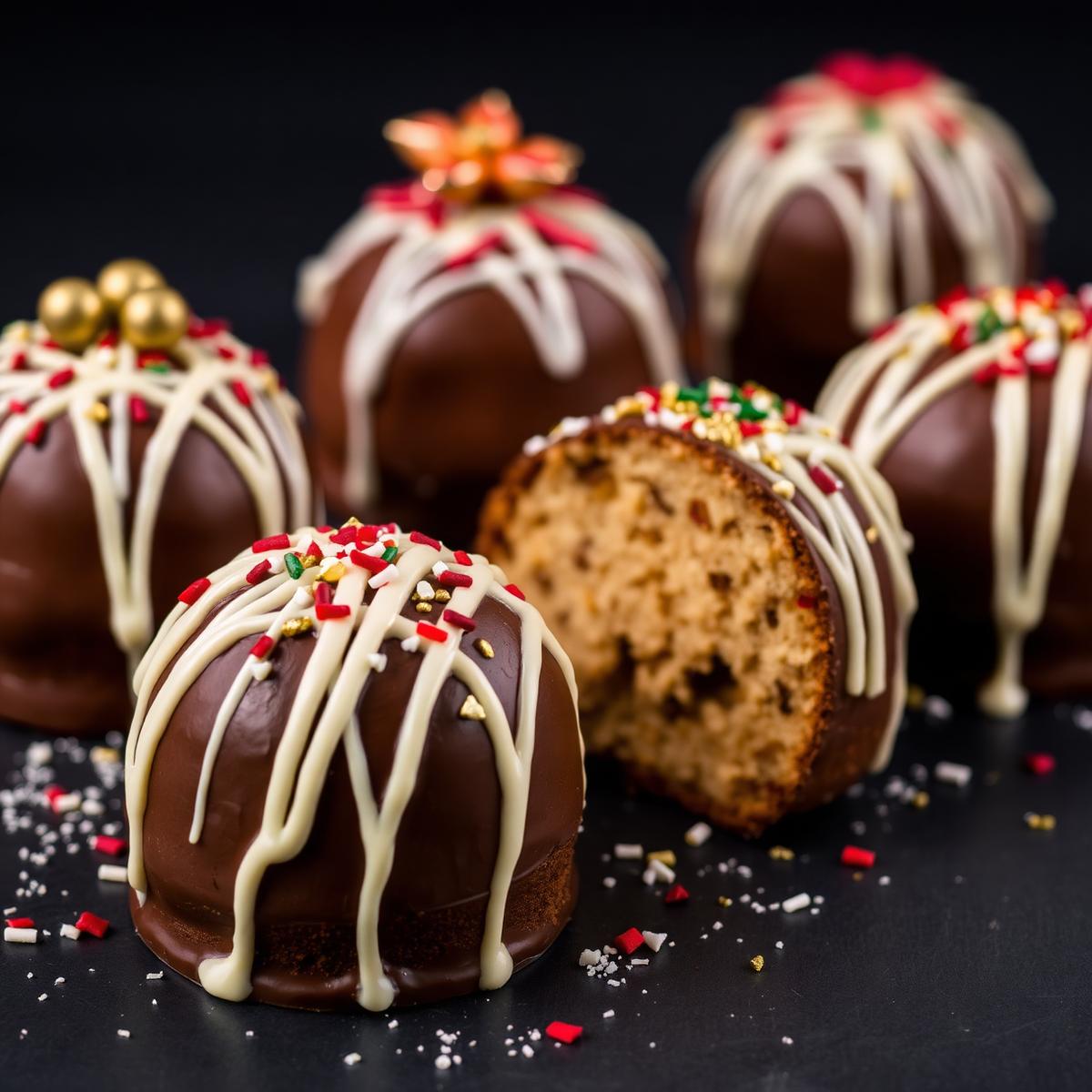 Bombones de panetón decorados con chocolate blanco y sprinkles navideños